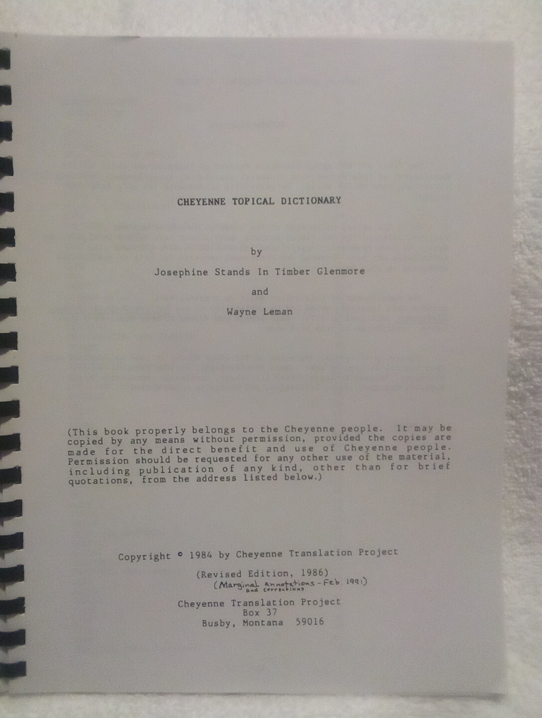 Cheyenne Topical Dictionary Josephine Glenmore Wayne Leman Spiral Bound PB Book
